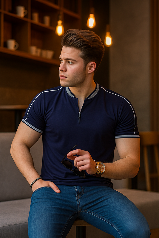 Navy madmext smoked polo neck shirt