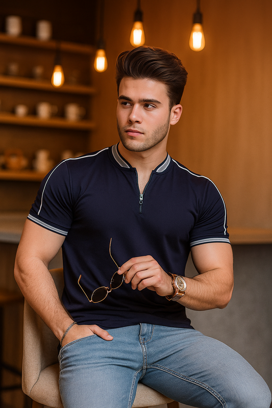 Navy madmext smoked polo neck shirt