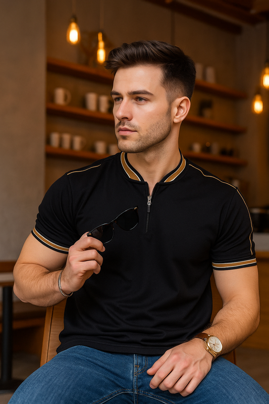 Madmext smoked polo neck black zip shirt
