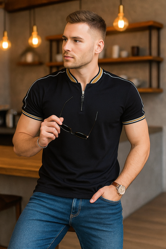 Madmext smoked polo neck black zip shirt