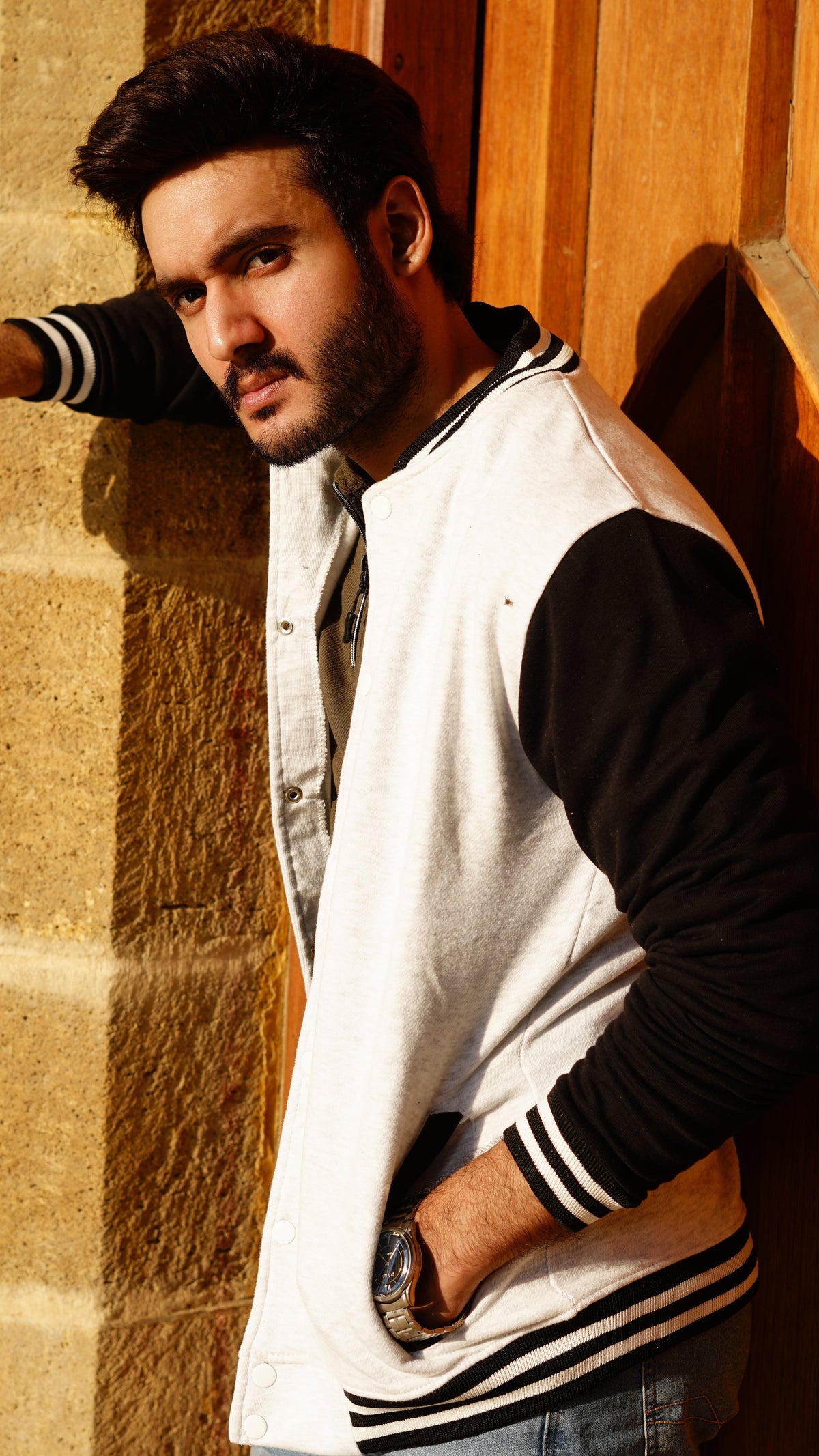 Black sleeve varsity jacket stylish polo shirts option - Premium Baseball Jacket from The Divine Shop - Just Rs.2999! Shop now at The Divine Shop
