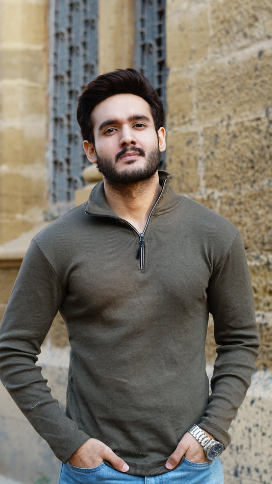 Olive green half zipper knitted long sleeves sweater - Premium Sweatshirts from The Divine Shop - Just Rs.1799! Shop now at The Divine Shop