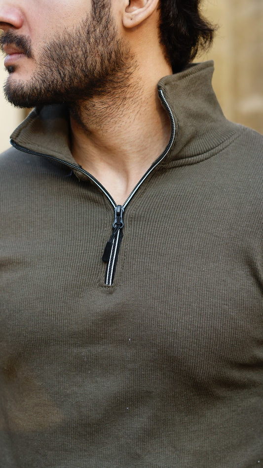 Olive green half zipper knitted long sleeves sweater - Premium Sweatshirts from The Divine Shop - Just Rs.1799! Shop now at The Divine Shop