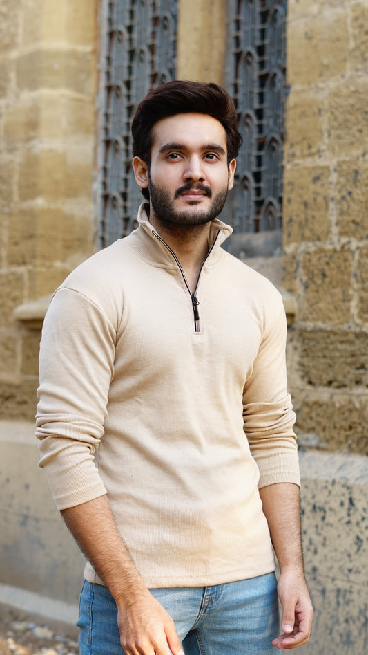 Beige half zipper knitted long sleeves pullover - Premium Sweatshirts from The Divine Shop - Just Rs.1799! Shop now at The Divine Shop