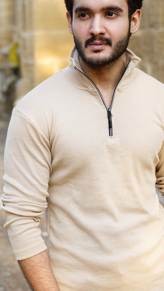 Beige half zipper knitted long sleeves pullover - Premium Sweatshirts from The Divine Shop - Just Rs.1799! Shop now at The Divine Shop