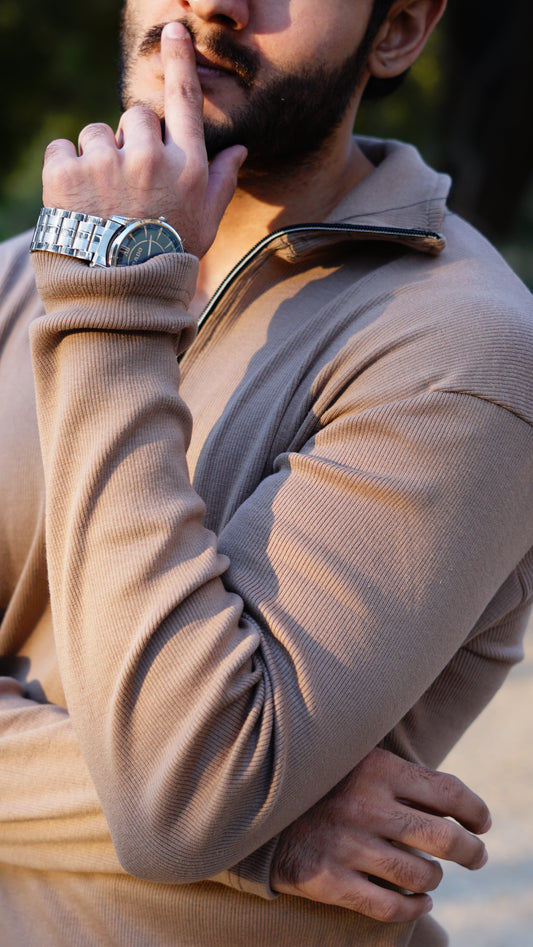 Beige knitted long sleeves half zipper menswear - Premium Sweatshirts from The Divine Shop - Just Rs.1799! Shop now at The Divine Shop
