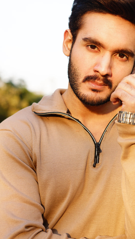 Beige knitted long sleeves half zipper menswear - Premium Sweatshirts from The Divine Shop - Just Rs.1799! Shop now at The Divine Shop
