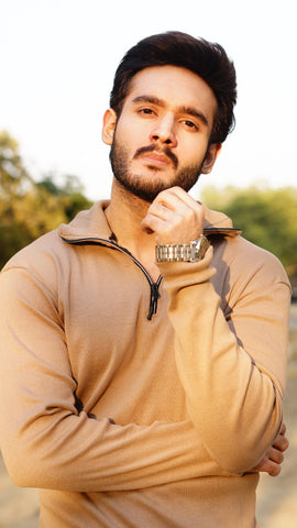Beige knitted long sleeves half zipper menswear - Premium Sweatshirts from The Divine Shop - Just Rs.1799! Shop now at The Divine Shop