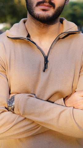 Beige knitted long sleeves half zipper menswear - Premium Sweatshirts from The Divine Shop - Just Rs.1799! Shop now at The Divine Shop