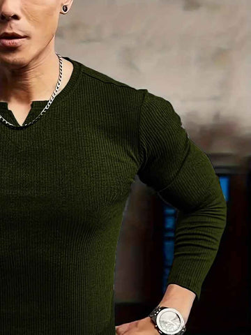 Man in gray and navy knitted long sleeves - Premium waffle knitted t-shirt from The Divine Shop - Just Rs.1399! Shop now at The Divine Shop