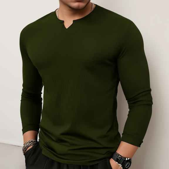 Man in gray and navy knitted long sleeves - Premium waffle knitted t-shirt from The Divine Shop - Just Rs.1399! Shop now at The Divine Shop