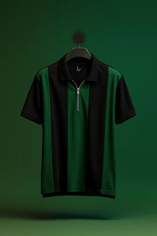 Drop Shoulder Black Green Contrasts Polo T-Shirts