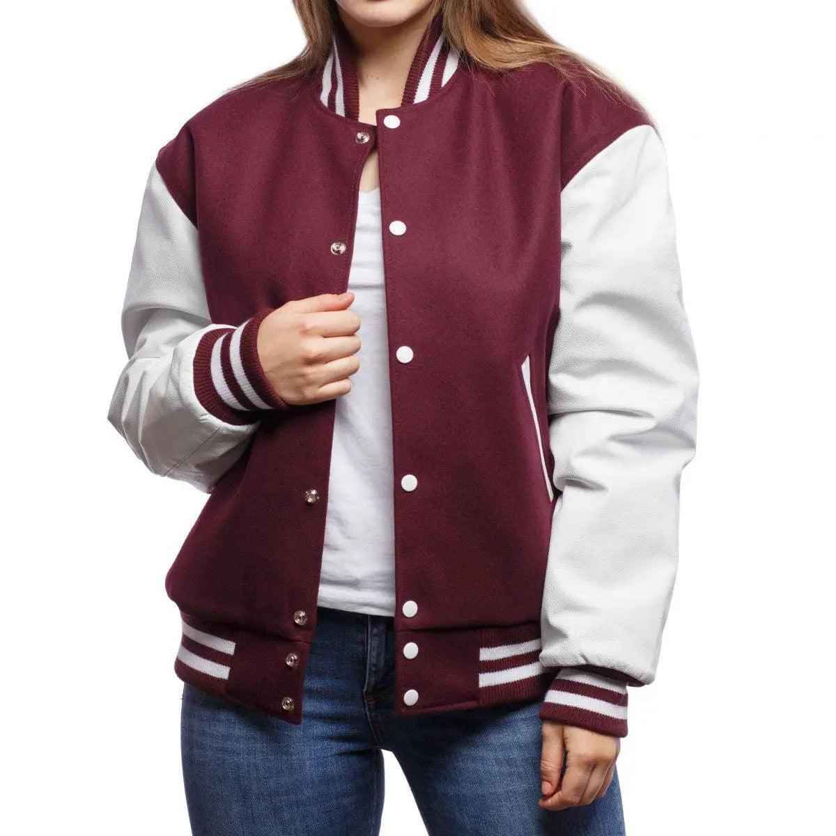 Baseball Jacket Maroon and White Women - The Divine Shop