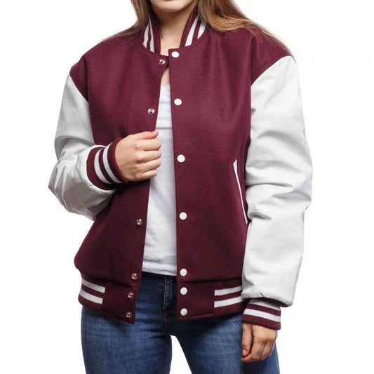 Baseball Jacket Maroon and White Women - The Divine Shop