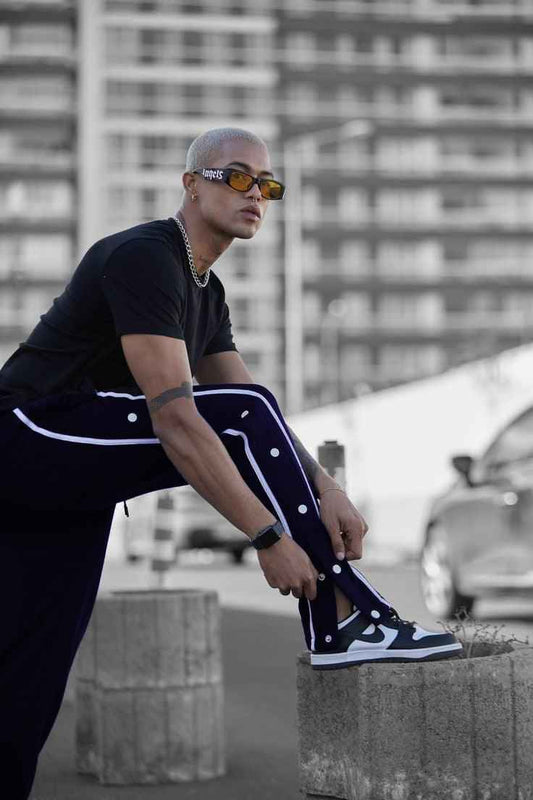 Navy blue tearaway track pants drawstring waist contrast tape - Premium Trouser from The Divine Shop - Just Rs.2250! Shop now at The Divine Shop