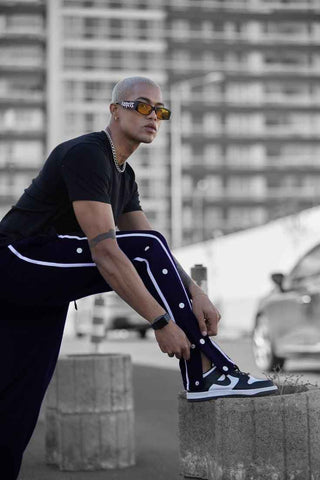 Navy blue tearaway track pants drawstring waist contrast tape - Premium Trouser from The Divine Shop - Just Rs.2250! Shop now at The Divine Shop