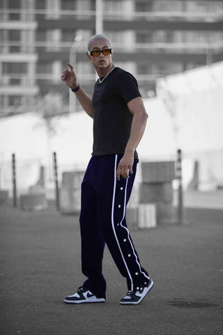 Navy blue tearaway track pants drawstring waist contrast tape - Premium Trouser from The Divine Shop - Just Rs.2250! Shop now at The Divine Shop
