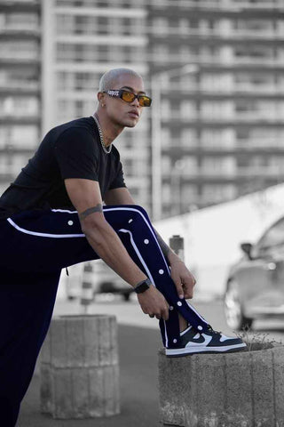 Navy blue tearaway track pants drawstring waist contrast tape - Premium Trouser from The Divine Shop - Just Rs.2250! Shop now at The Divine Shop