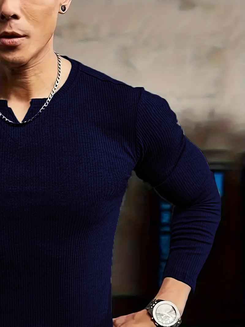 Man in gray and navy knitted long sleeves - Premium waffle knitted t-shirt from The Divine Shop - Just Rs.1399! Shop now at The Divine Shop